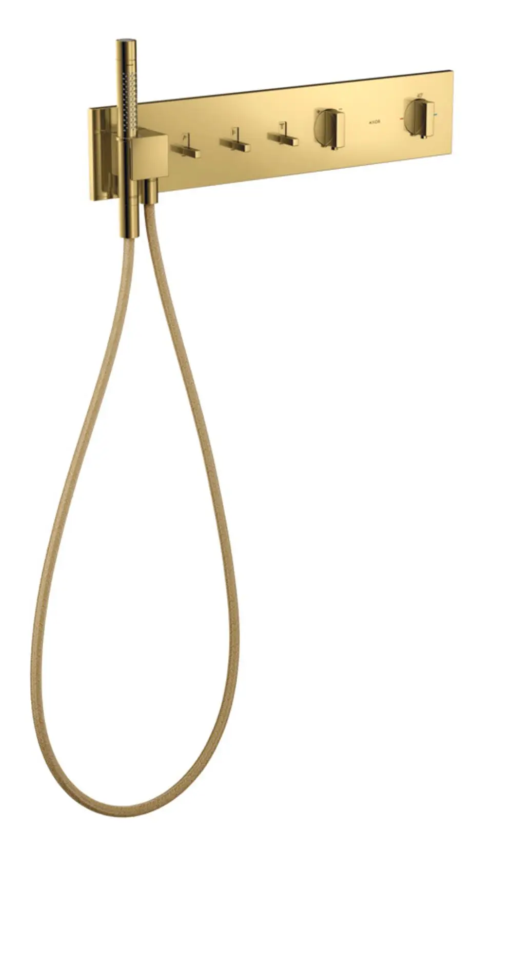 Thermostatmodul von AXOR mit goldener Oberfläche, ausgestattet mit mehreren Griffen zur Steuerung von Wasserzuflüssen und einem flexiblen Schlauch.